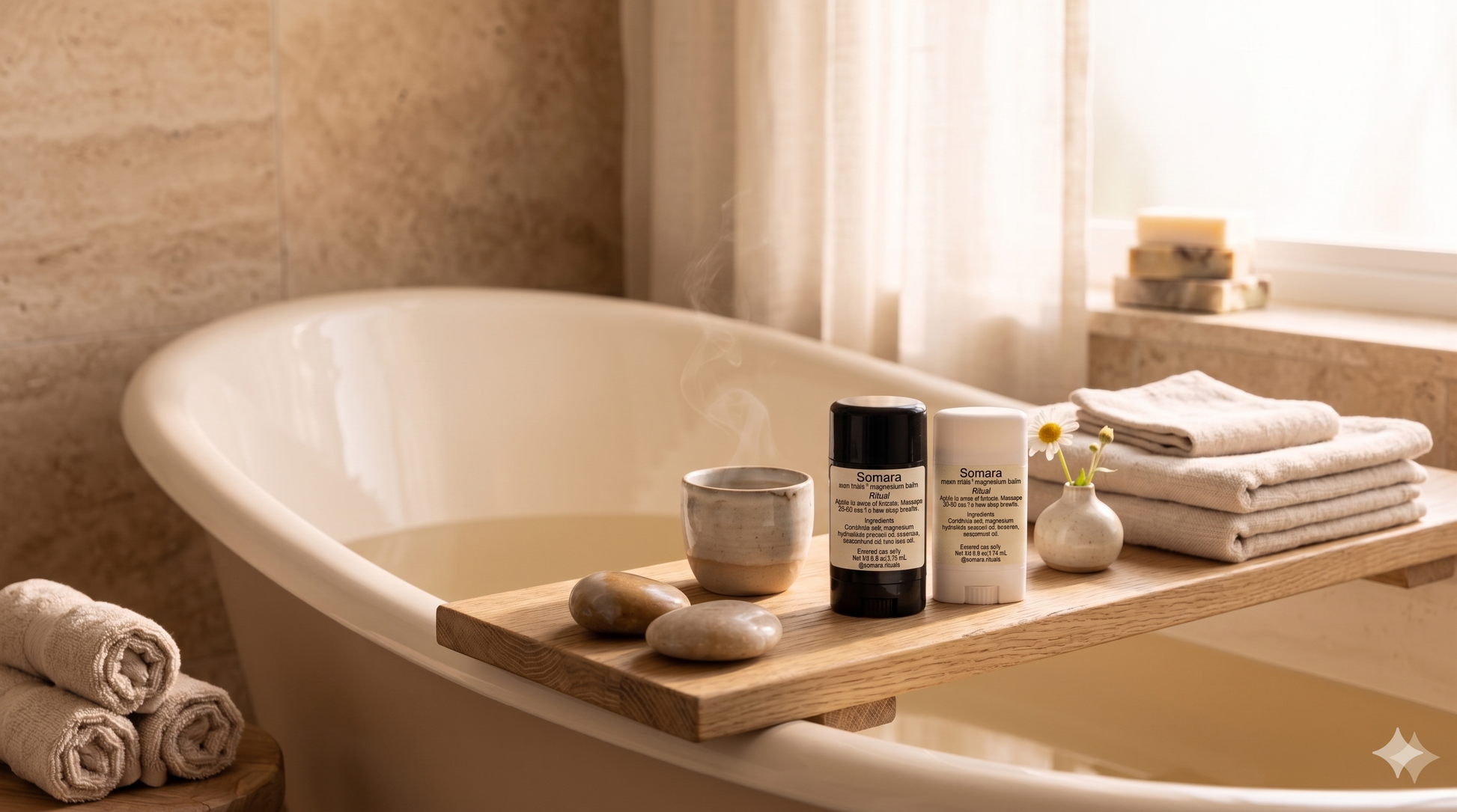 SOMARA magnesium balms on bathroom counter warm natural setting