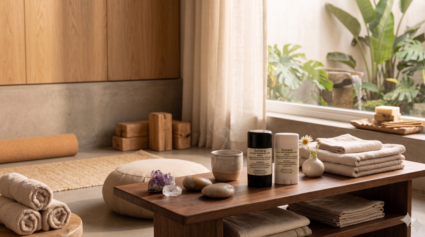 SOMARA transdermal magnesium balms in yoga studio natural wellness setting